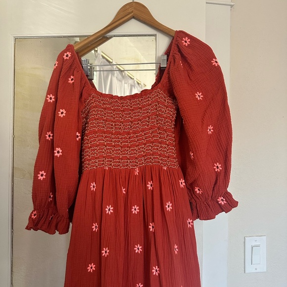 Red Smocked Dress with Pink Floral Embroidery - Picture 3 of 4